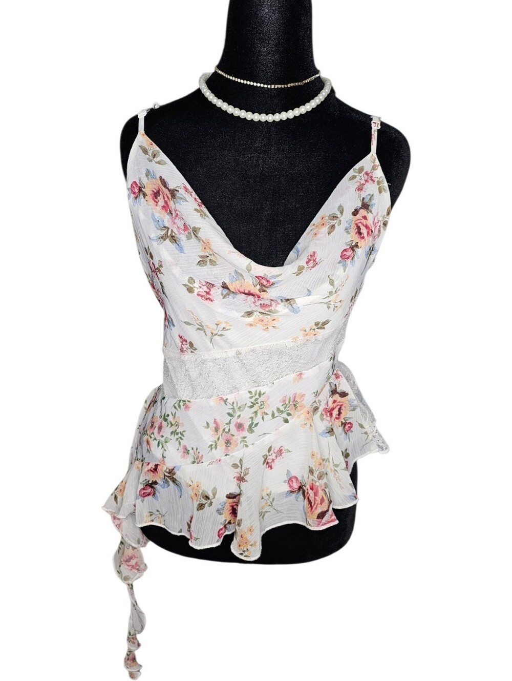 Thirty Thirty L/A Floral Lace Inset Asymmetrical Peplum Cami Top Size Large